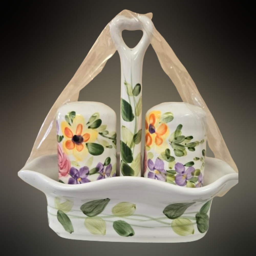 TableTops Unlimited Mariam's Garden Salt Pepper Shakers w/ Caddy hand painted - Picture 3 of 4